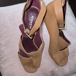 Coach Tan Wedge Sandals with Cross-Over Straps
